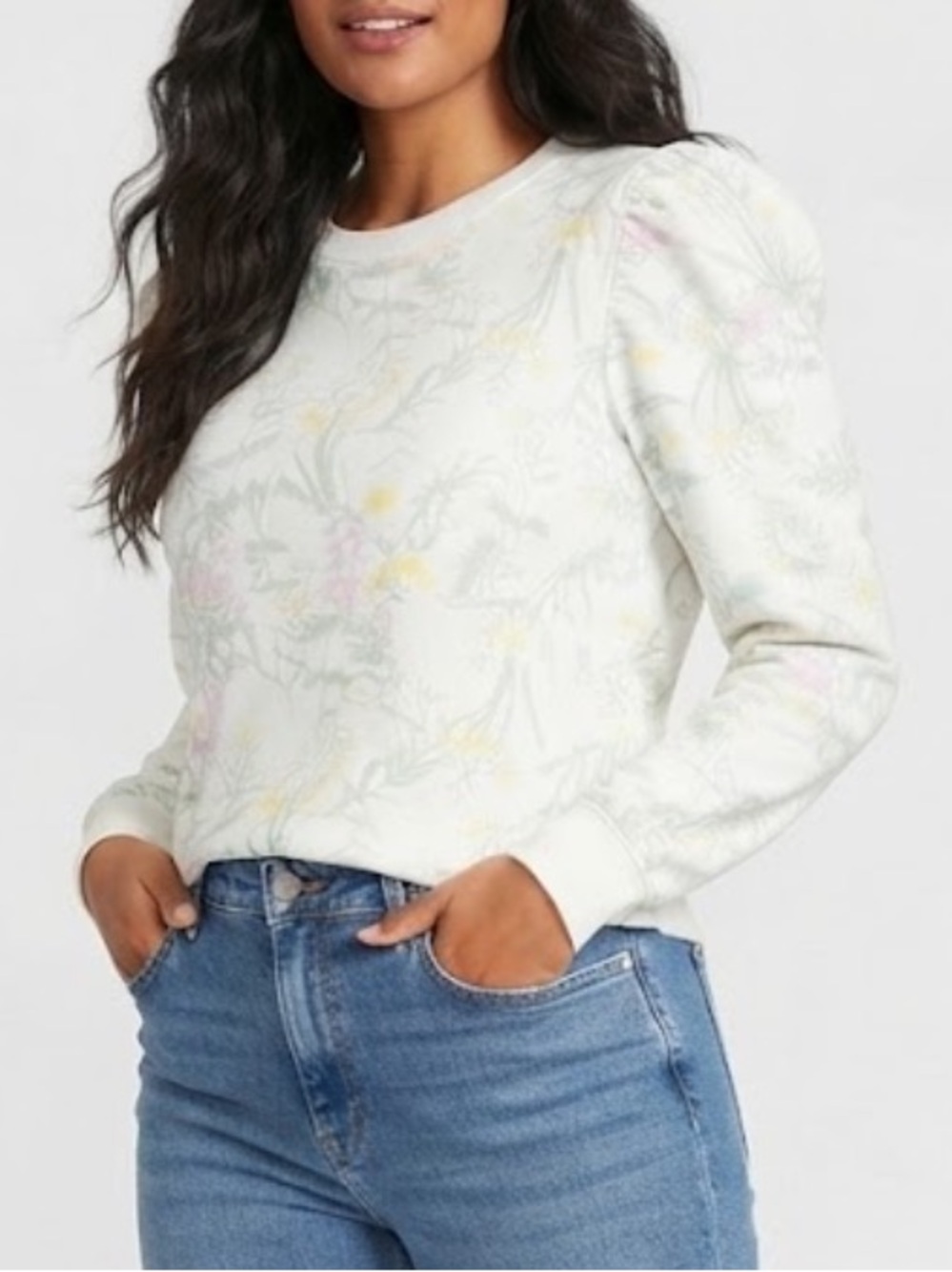 crown & ivy Cream Floral Puff-Sleeve Sweatshirt Women’s Size XL